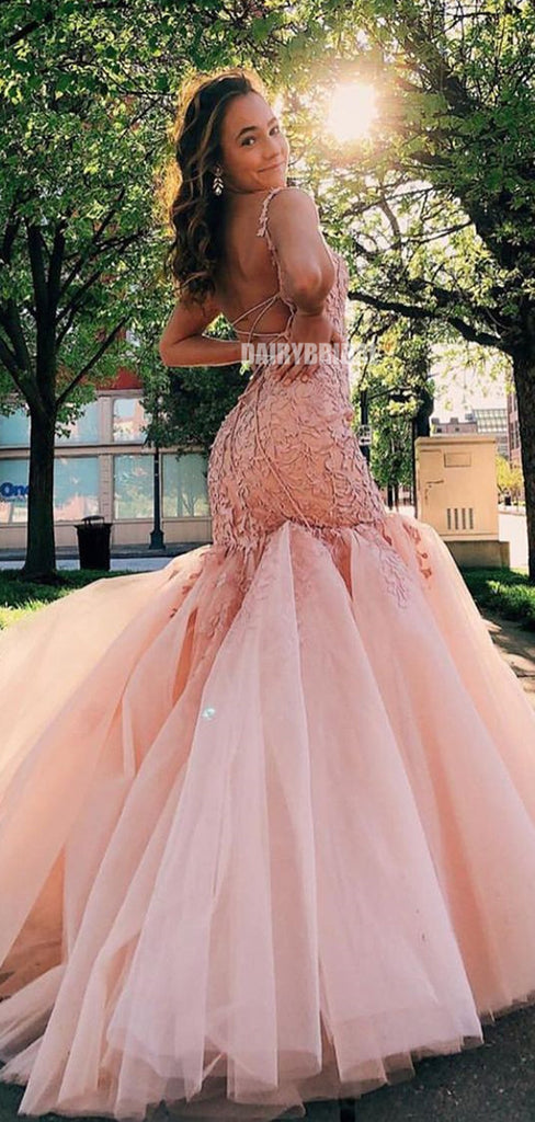 Charming Lace Mermaid Cross Back Tulle Long Prom Dress, FC5362