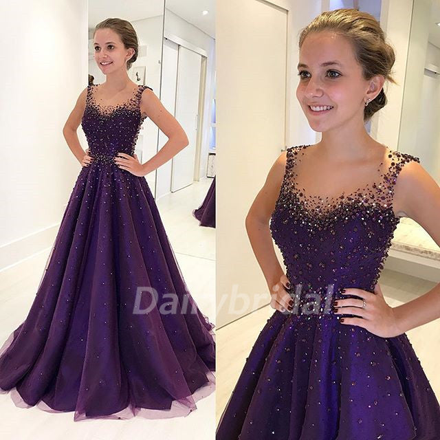 Sparkle Beaded A-Line Prom Dress, Charming Purple Tulle Prom Dress, D577