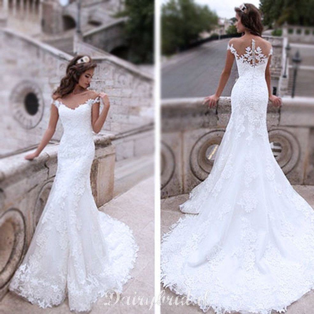 Charming Off Shoulder Sexy Mermaid White Lace Bridal Gown, Wedding Dresses, WD0058