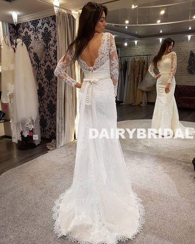 Charming Long Sleeve Lace Wedding Dress, Applique Mermaid V-Back Wedding Dress, D637