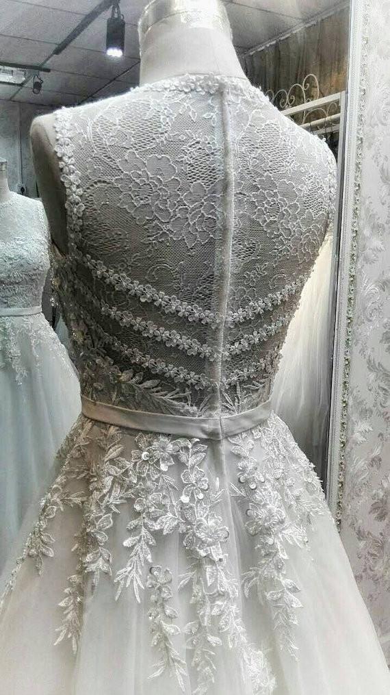 Unique Beaded Mixed Lace See Through Charming Applique Long Wedding Dress, WG642