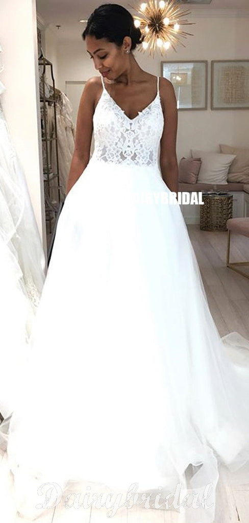 Spaghetti Straps Lace Top Organza Wedding Dresses, Tulle A-Line V-Neck Wedding Dresses, FC676