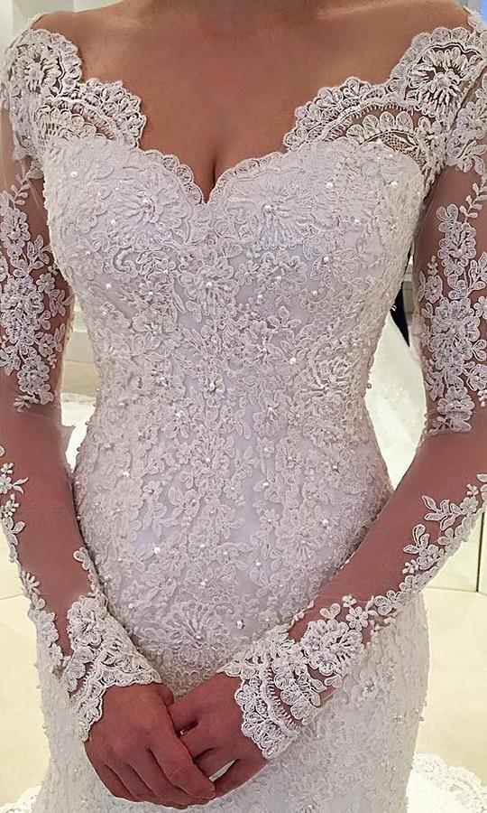 Long Wedding Dress, Lace Wedding Dress, Beading Wedding Dress, Sexy V-Back Bridal Dress, Long Sleeve Wedding Dress, Applique Wedding Dress, LB0688