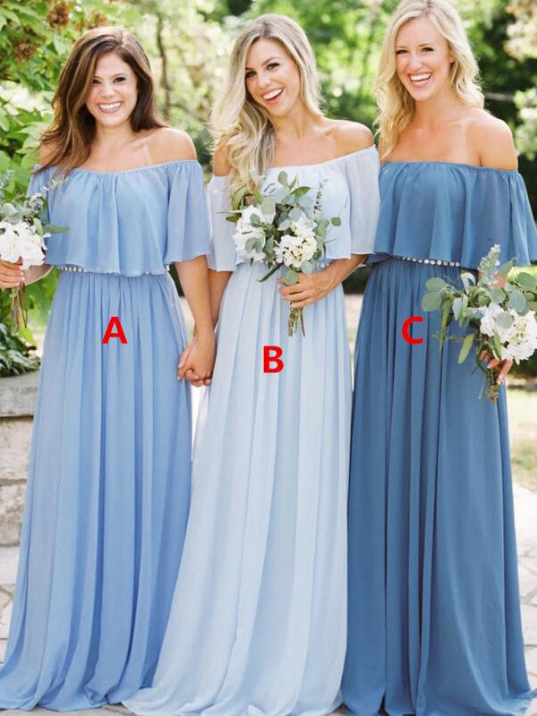 Long Off Shoulder Chiffon Bridesmaid Dress, Simple Design Floor-Length Bridesmaid Dress, LB0690