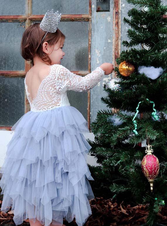 Scoop Long Sleeve Lace Top V-back Tulle Flower Girl Dresses, Popular Little Girl Dresses, FG070