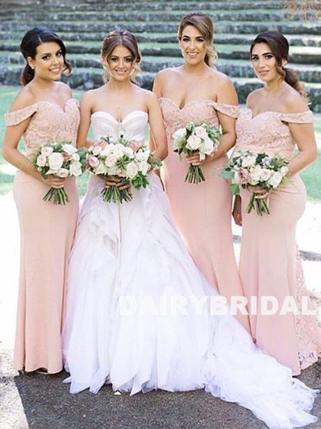 Honest Off Shoulder Bridesmaid Dress, Pink Lace Mermaid Bridesmaid Dress, D740