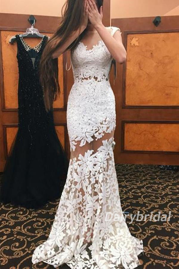 Lace Prom Dress, Mermaid Prom Dress, Tulle Prom Dress, Open-Back Prom Dress, See Through Prom Dress, DA869