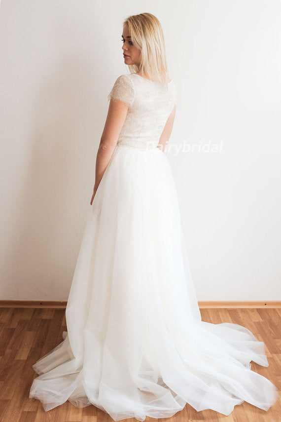 Tulle Wedding Dress, V-Neck Wedding Dress, Beading Bridal Dress, Simple Wedding Dress, Floor-Length Wedding Dress, A-Line Wedding Dress, DA874