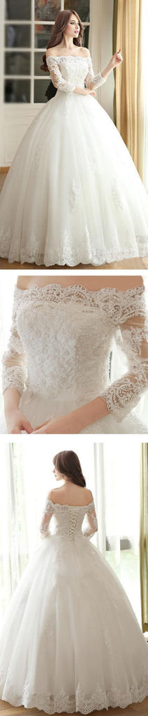 Vantage Off Shoulder Long Sleeve White Lace Wedding Dresses, Lace Up Bridal Gown, WD0009