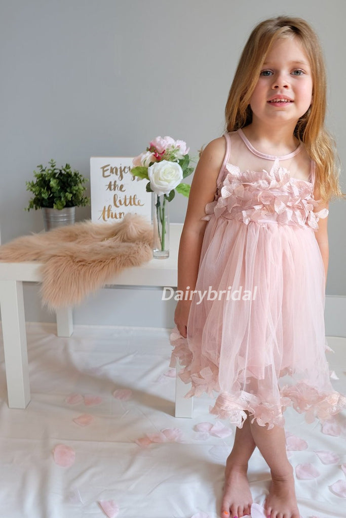 Pink Sleeveless Tulle Popular Tulle Flower Girl Dresses, Cheap Little Girl Dresses,  DA904