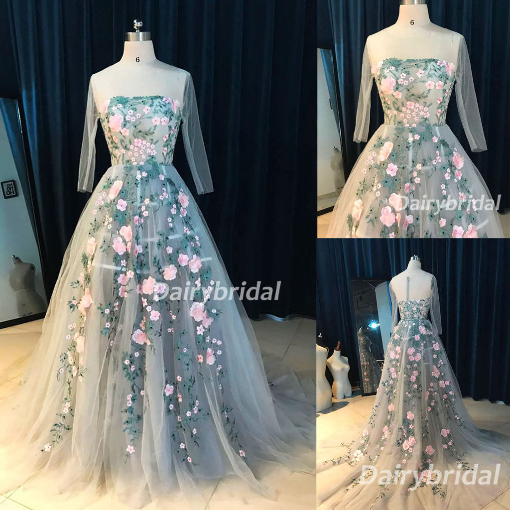 Applique Prom Dress, Round Neckline Prom Dress, Tulle Prom Dress, A-Line Prom Dress, See Through Prom Dress, Half Sleeve Prom Dress, DA916