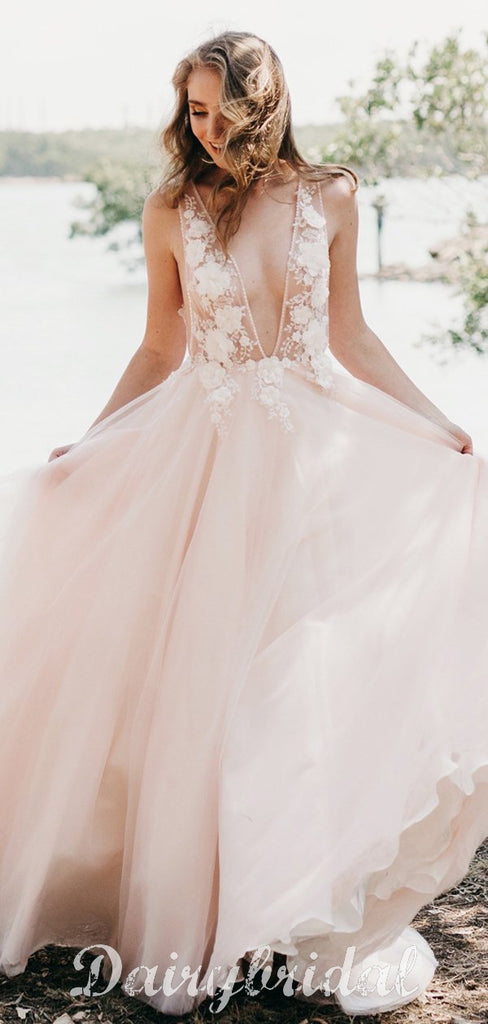 Sexy Deep V-Neck Tulle Wedding Dress, A-Line Backless Applique Wedding Dress, D962