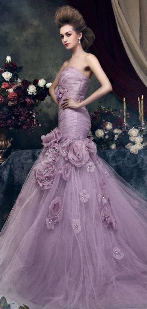 Gorgeous Strapless Mermaid Light Purple Tulle Appliques Wedding Dresses, WD0176