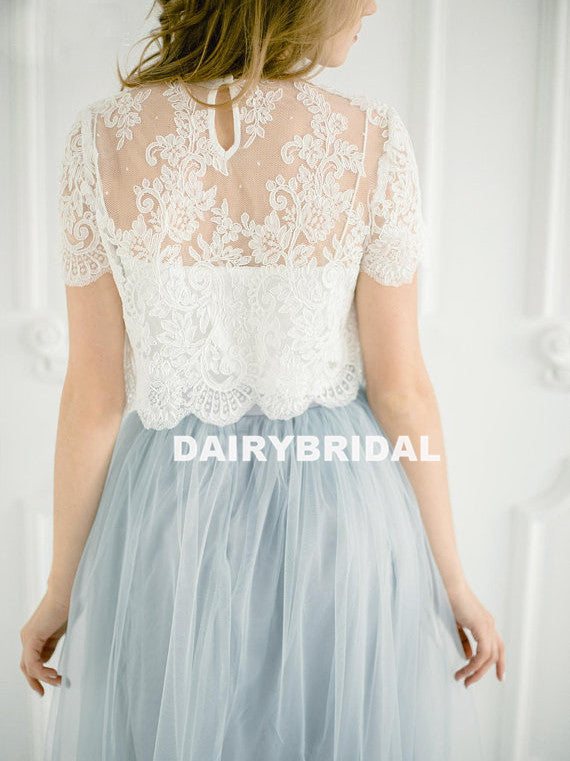 Mismatched Lace Top A-Line Two Pieces Long Cheapest Tulle Bridesmaid Dresses, D1185