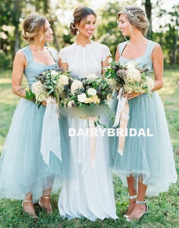 Unique High-Low Tulle A-Line Sleeveless Zip Up Bridesmaid Dresses, D945