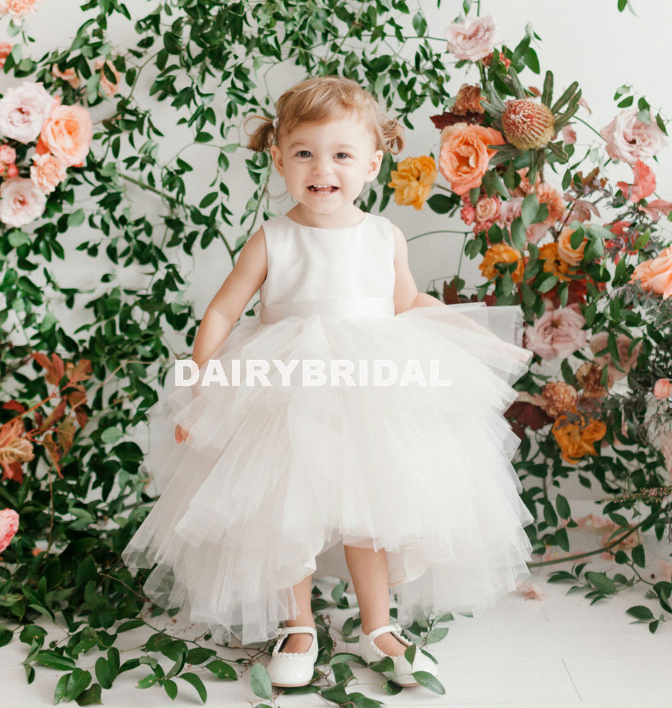 White High-Low Tulle Flower Girl Dresses, Satin Lovely Tutu Dresses,  D1001