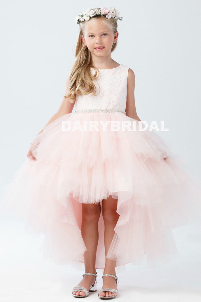 Pink High-Low Tulle Lace Top Flower Girl Dresses, Lovely Tutu Dresses,  D1141