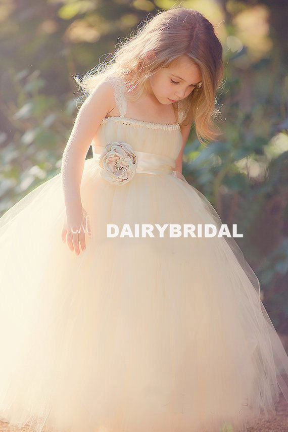 Straight Neckline Tulle Flower Girl Dresses with Handmade Flower, Flower Lovely Little Girl Dresses, D1148