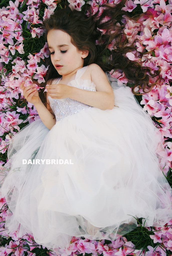 White Tulle Backless Flower Girl Dresses, Sequin Lovely Little Girl Dresses, D1237