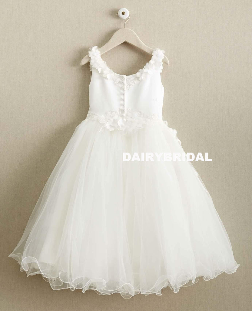 White Tulle Round Neckline Flower Girl Dresses, Applique Popular Little Girl Dresses, D994