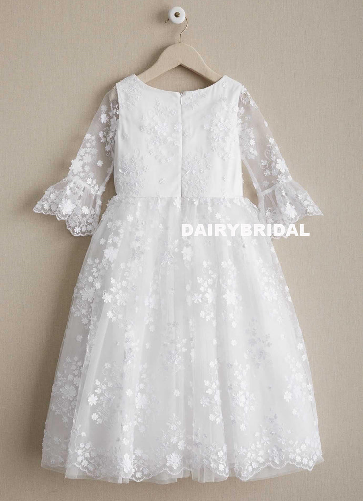 White Lace Round Neckline Flower Girl Dresses, Half Sleeve Popular Little Girl Dresses, D997