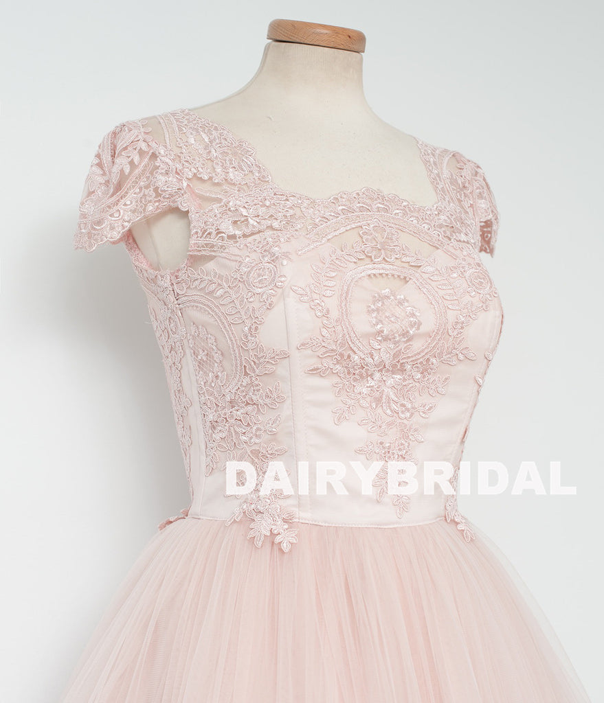 Cap Sleeve Pink Lace Homecoming Dress, Tulle A-Line Backless Homecoming Dress, D1318