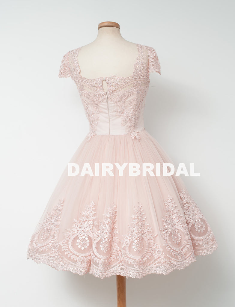 Cap Sleeve Pink Lace Homecoming Dress, Tulle A-Line Backless Homecoming Dress, D1318