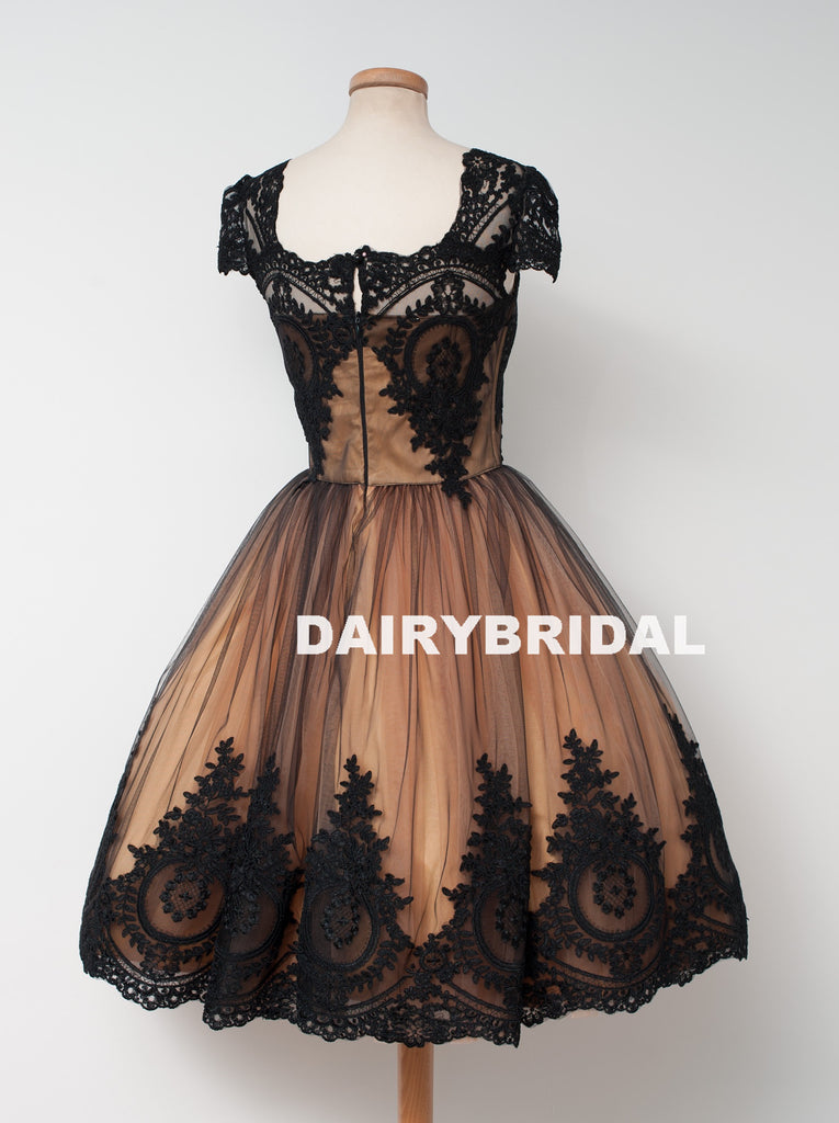 Newest Cap Sleeve Black Lace Homecoming Dress, Tulle A-Line Backless Homecoming Dress, D1319