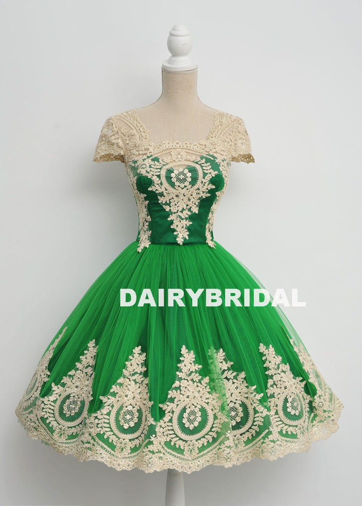 Green Lace Popular Homecoming Dress, Cap Sleeve Tulle A-Line Homecoming Dress, D1324