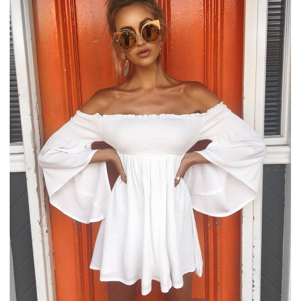 White Off Shoulder A-Line Homecoming Dress, Backless Long Sleeve Homecoming Dress, D1528