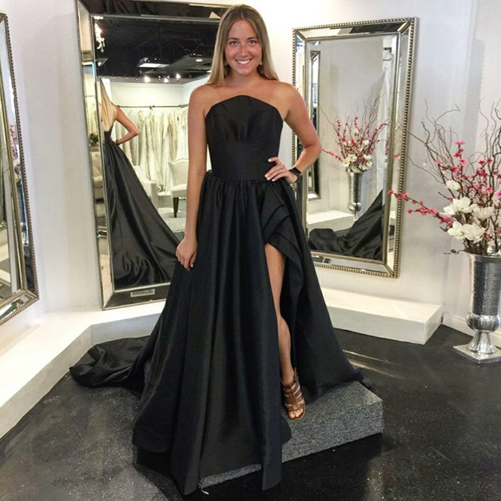 A-Line Black Satin Slit  Backless Simple Prom Dresses, FC1261