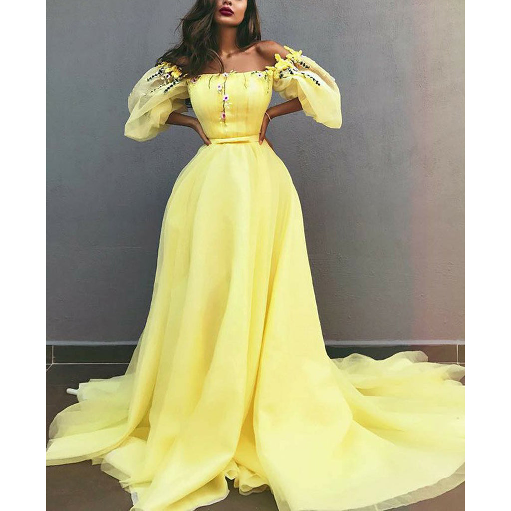 Charming Yellow Off Shoulder Chiffon A-Line Applique Prom Dresses, FC1847