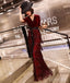 Burgundy Mermaid Beaded Half Sleeve Velvet V-neck Prom Dresses, FC2076