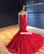 Spaghetti Straps Mermaid Luxury 3D Lace Backless Red Prom Dresses, FC2204