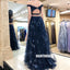 Black Off Shoulder Two Pieces Open-Back Lace Slit A-line Tulle Prom Dresses, FC2411