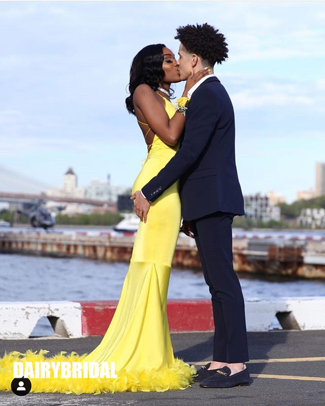 Yellow Mermaid Charming Jersey Backless V-neck Prom Dresses, FC2420