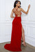 Red Spaghetti Straps Jersey Mermaid Slit Backless Prom Dress, FC3801