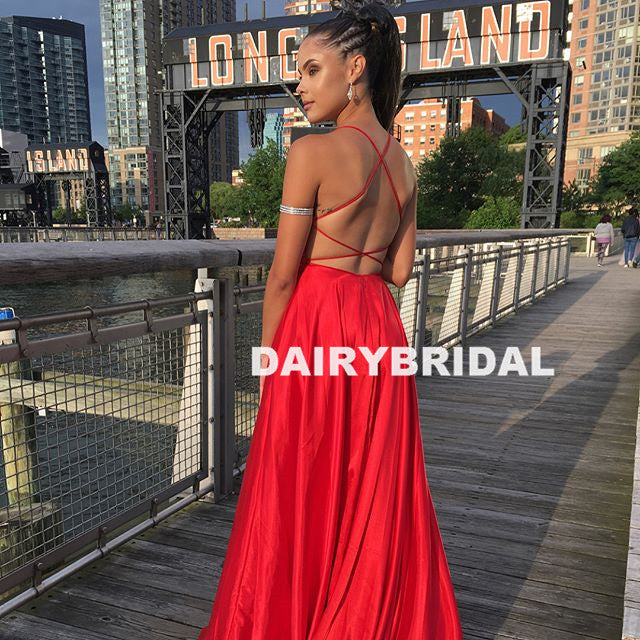 New Arrival Red Sexy Slit Prom Dresses, A-Line Backless Prom Dresses, D1291