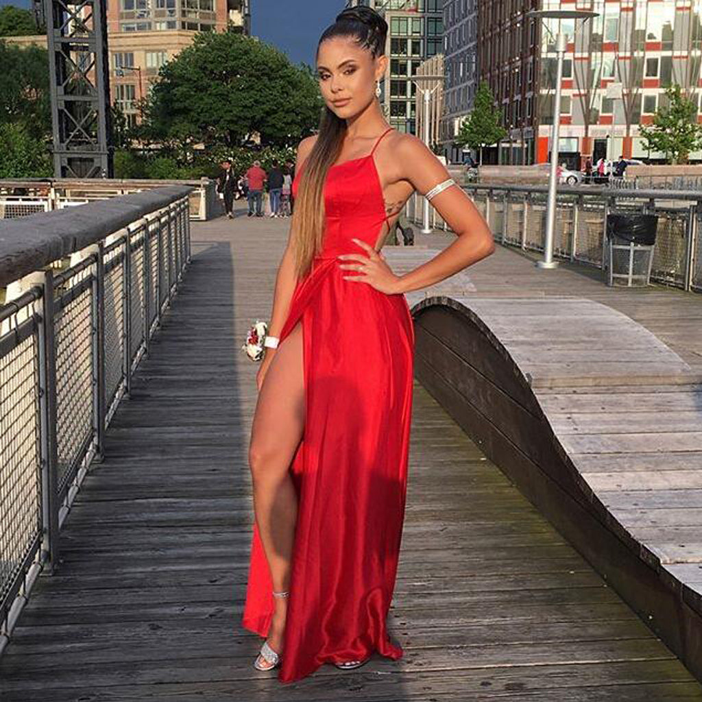 New Arrival Red Sexy Slit Prom Dresses, A-Line Backless Prom Dresses, D1291