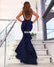 Navy Mermaid Sexy Prom Dresses, Jersey Backless Prom Dresses, D1348