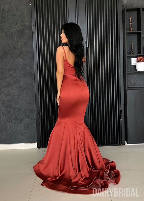 Spaghetti Straps Backless Satin Mermaid Sleeveless Long Prom Dresses, FC1430