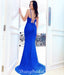 Royal Blue Mermaid Sequin V-neck Sparkle Sexy Slit Backless Prom Dress, FC4567