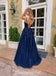 Navy A-line Tulle Cross Back Lace V-neck Sleeveless Prom Dress, FC4604