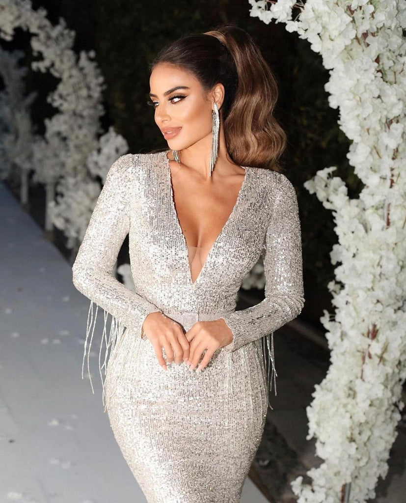 Honest Long Sleeves Sequin Deep V-neck Prom Dresses, FC4768