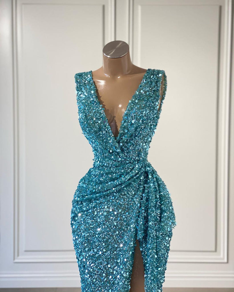 Sexy Deep V-neck Mermaid Sequin Side Split Prom Dresses, FC6268