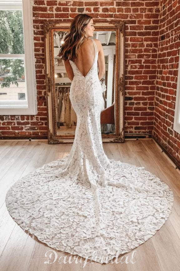 Stunning Mermaid Lace Sexy V-neck Sleeveless V-back Wedding Dresses, FC4358